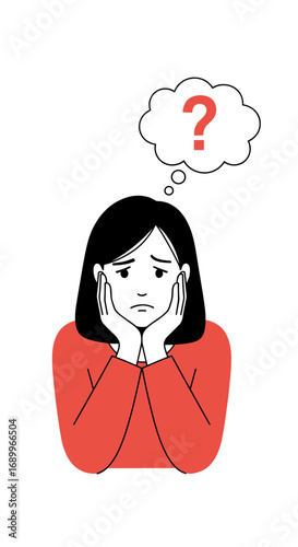 Confused woman holding her face with question mark bubble above her head expressing uncertainty and doubt