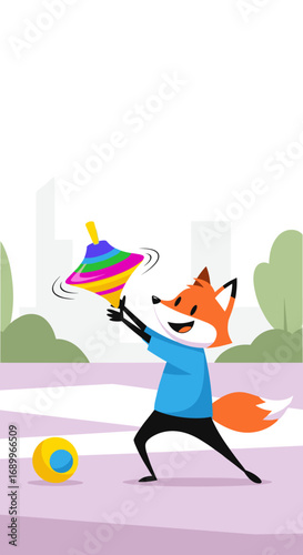 A joyful cartoon fox expertly spins a colorful toy top in a pleasant outdoor park setting
