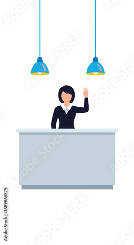 Professional receptionist greeting guests at the front desk with a friendly wave and modern office lighting
