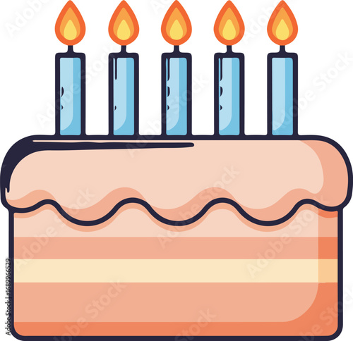 Frosted cake adorned with five lit blue candles is perfect for birthday celebrations, party invitations, festive occasions, and bakery promotions.