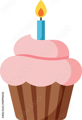 Frosted cupcake with blue candle, perfect for birthday, celebration, bakery, party invitations, confectionery themes, food blogs, and social media.