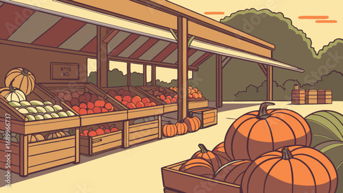 Autumn Harvest Market Stall with Fresh Pumpkins, Apples, and Seasonal Produce Display