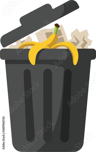 Black trash can overflowing with banana peels and crumpled paper debris. Sutiable for waste management campaigns, environmental awareness materials.