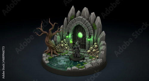 Grim reaper at haunted tomb entrance with skulls and eerie pond for fantasy tabletop gaming scenery and model