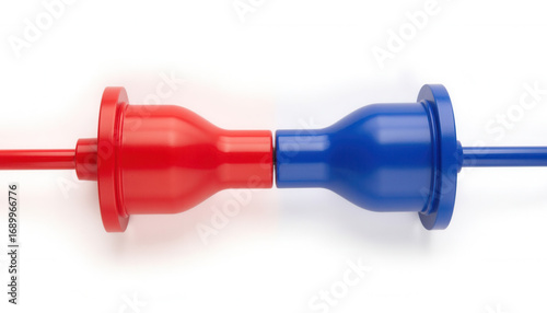 Red and blue plastic connectors joined on white background  