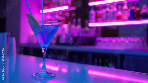 Blue cocktail at neon lit bar counter