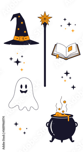 Whimsical halloween decorations featuring a witchs hat a wand a ghost a spellbook and a cauldron with bubbling potion