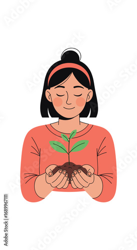 A young person carefully holds a small green seedling emerging from rich soil in their cupped hands