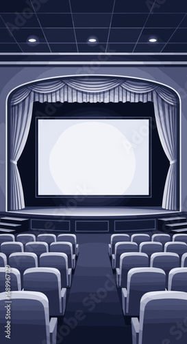 An empty movie theater auditorium with a large screen and rows of seats ready for an audience