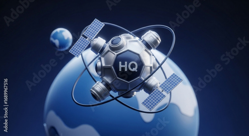 Satellite communication system orbiting earth with solar panels and hq logo for global network tech