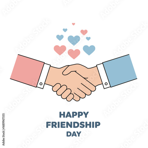 A graphic illustration of a handshake with hearts, celebrating Friendship Day.