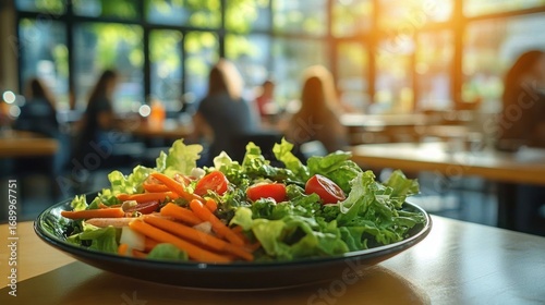 Fresh green salad with cherry tomatoes and carrot sticks on a plate in a bright cafe setting with blurred people and large windows in the background