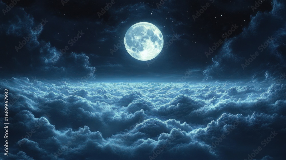 Fototapeta premium Bright full moon shining above a vast sea of clouds under a starry night sky, evoking a serene and mystical atmosphere