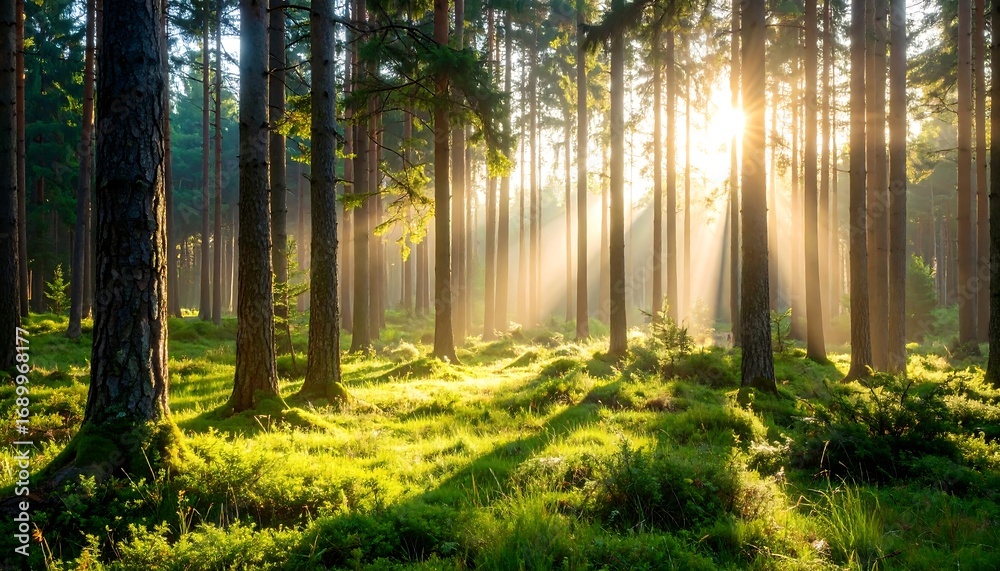 Obraz premium Sunlight streams through a misty forest