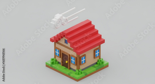 Isometric voxel house pixel art 3d render low poly game asset with red roof and green grass landscape scene