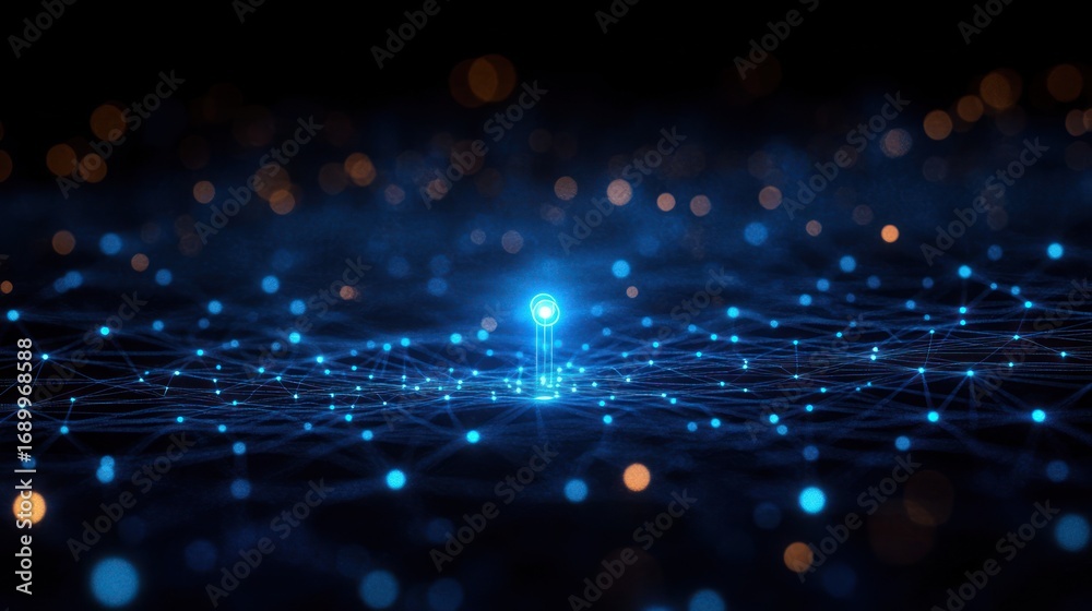 Obraz premium glowing blue digital network with connected points and a central highlighted node on dark background