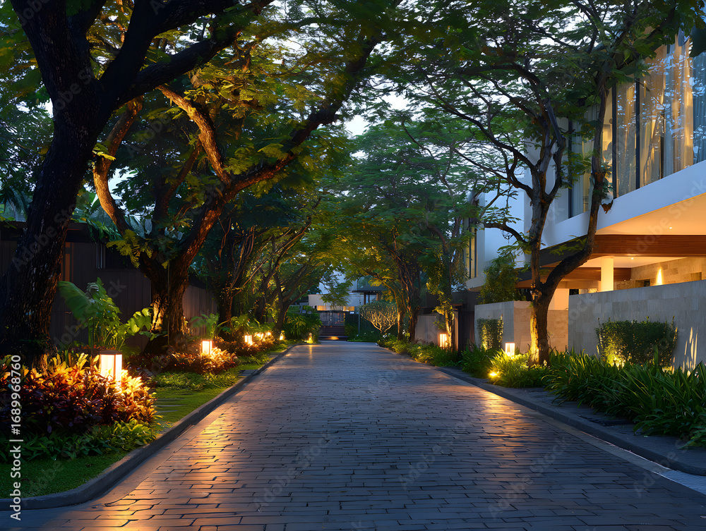 Obraz premium Stone Paved Road with Trees and Lights