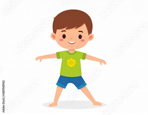 Animated flat illustration of a happy boy performing light stretching or exercise, isolated on white