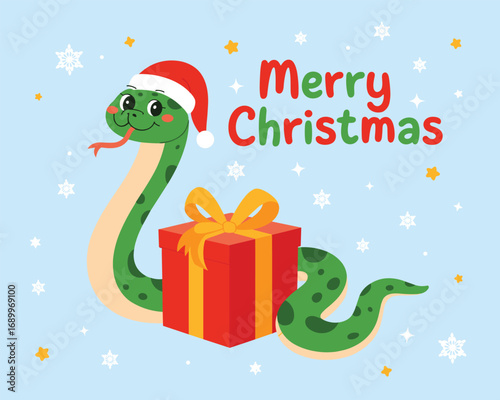 Merry Christmas greeting card featuring a snake in a Santa hat with a gift
