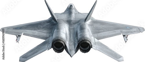 Rear view of a grey stealth fighter jet Keywords: fighter jet, airplane, aircraft, stealth