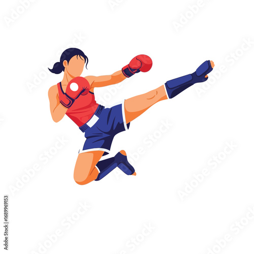 Female martial artist performing a high kick in a dynamic pose.