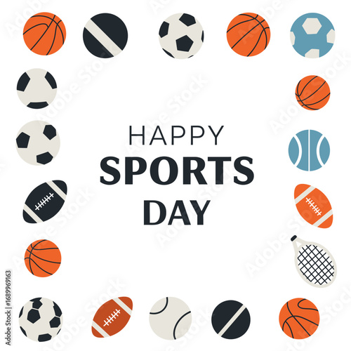 A cheerful design featuring various sports balls with a "Happy Sports Day" message.