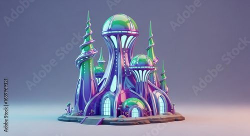 Fantasy futuristic city illustration of a colorful alien structure with towers and domes design