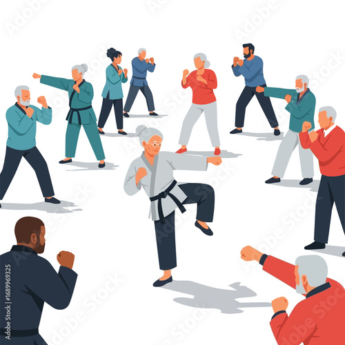 Senior citizens actively participate in a dynamic karate class, demonstrating various martial arts stances and techniques.