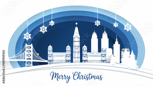 Philadelphia Skyline Vector A Merry Christmas Celebration with Iconic Buildings, Holiday Decorations, Festive Charm, and Winter Ambiance