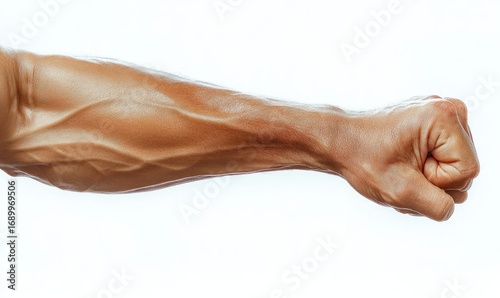 Close-up of a muscular human arm with visible veins and clenched fist against a white background showing strength and determination