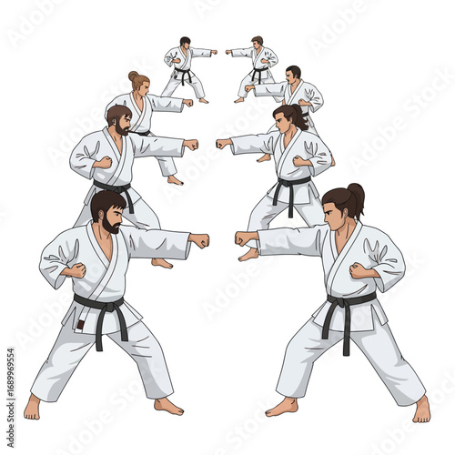 Karate class facing off in pairs, practicing martial arts stances and techniques.