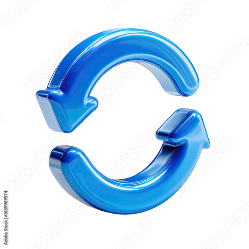 Glossy blue circular arrows in a continuous loop, stylized 3D graphic