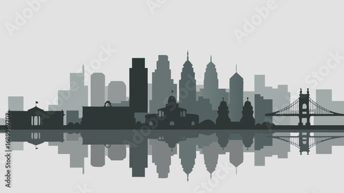 Philadelphia skyline vector silhouette with reflections, a modern cityscape illustration representing urban architecture and city life