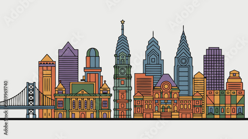 Philadelphia skyline vector illustration, a colorful depiction of iconic city architecture, perfect for travel and design projects