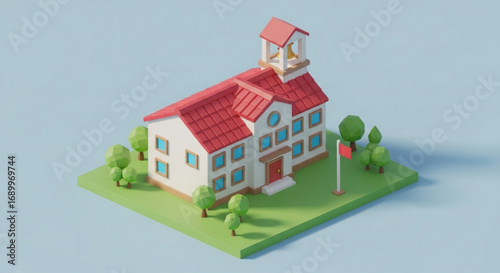 Low poly school building 3d render isometric view education architecture learning institution design vector art