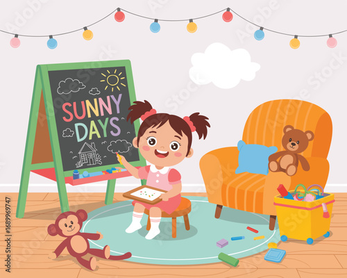 A charming flat vector illustration of a young girl creatively drawing on an easel in her cheerful playroom