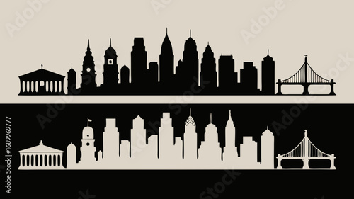 Philadelphia's Reflected Skyline A Black and White Vector Silhouette Depicting Architectural Harmony