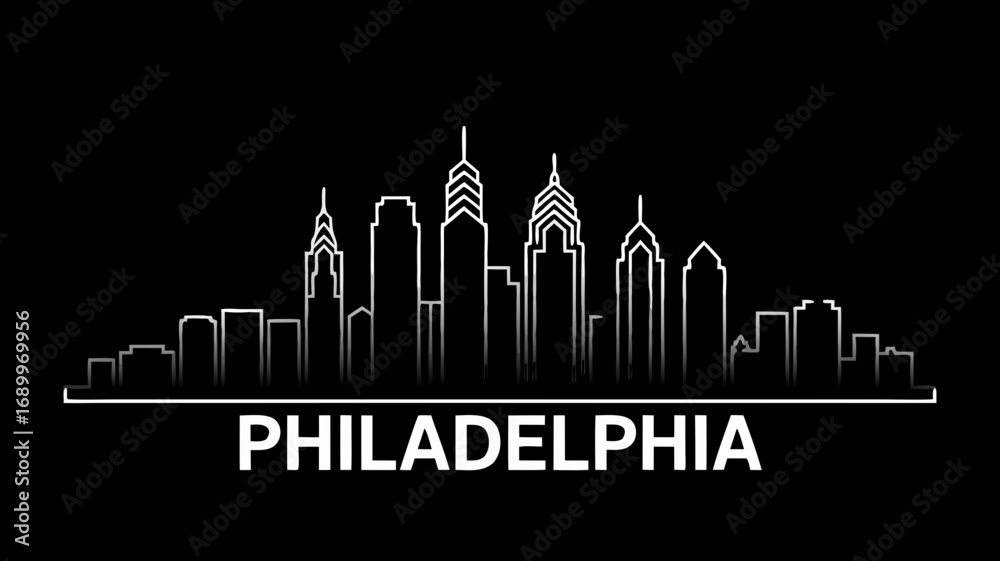Fototapeta premium Philadelphia Skyline Vector Illustration A Minimalist Cityscape Depiction in White Lines Against a Black Background