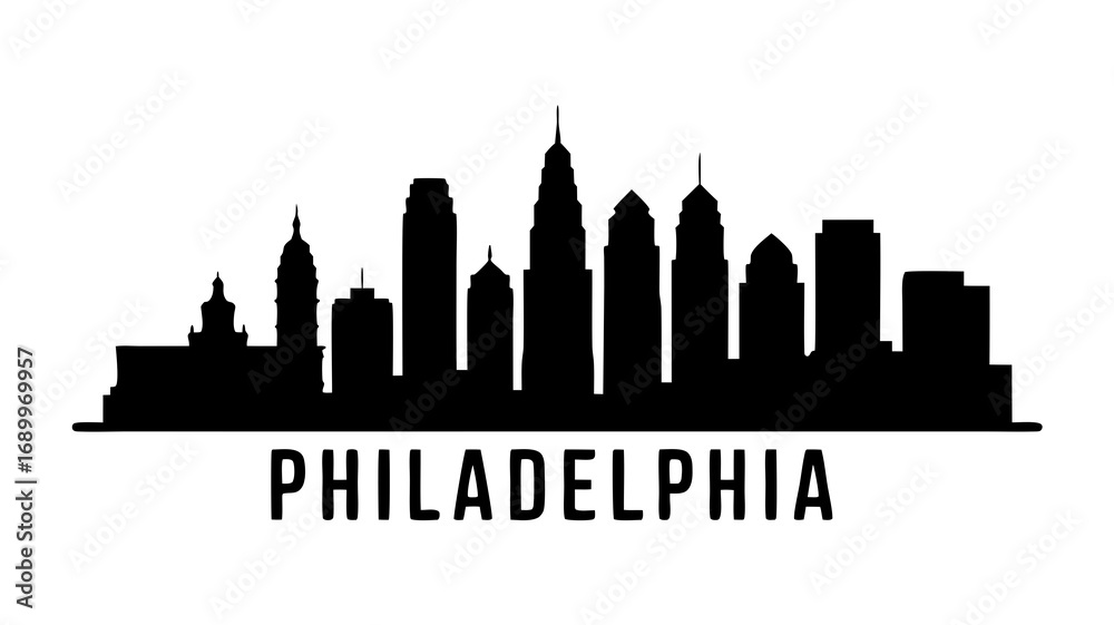 Naklejka premium Vector illustration of the Philadelphia city skyline silhouette. Minimalist black and white cityscape graphic with famous architectural landmarks of Pennsylvania