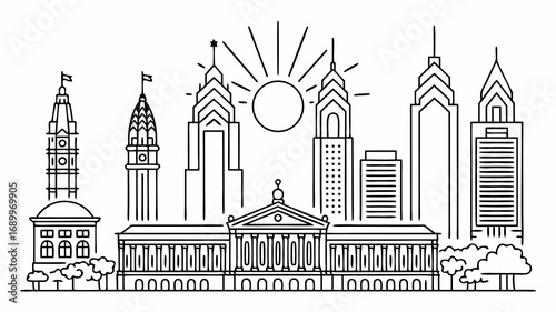 Stylized vector line art of the Philadelphia city skyline, featuring iconic architecture and historic landmarks, capturing the urban essence and travel appeal