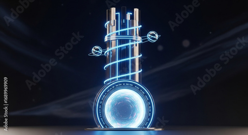 Futuristic technology portal with glowing orbs and neon spiral design for modern tech concepts