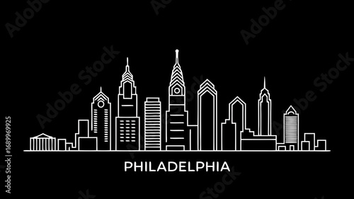 Minimalist vector illustration of the Philadelphia city skyline at night. Simple white line art of the iconic urban cityscape on a solid black background