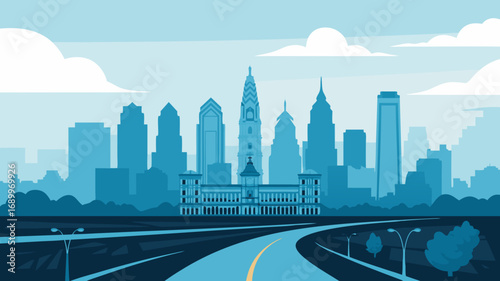 Flat design vector illustration of the iconic Philadelphia skyline with famous downtown skyscrapers and city hall building viewed from an empty highway