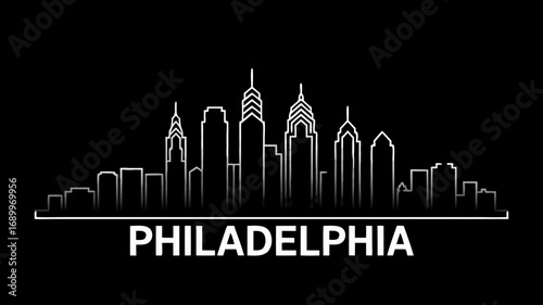 Philadelphia Skyline Vector Illustration A Minimalist Cityscape Depiction in White Lines Against a Black Background
