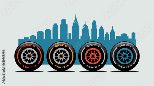 Vector illustration of a Philadelphia skyline silhouette behind a row of four racing tires, representing speed and urban excitement
