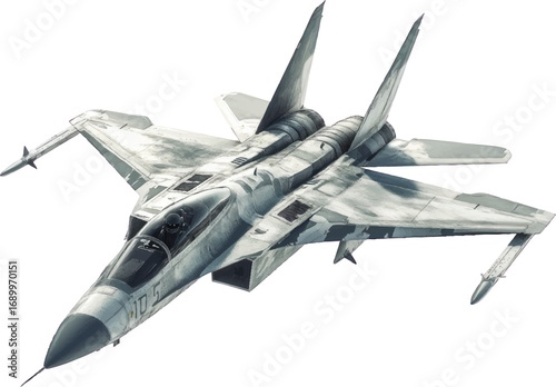 Camouflaged Fighter Jet with Missiles on White Background Keywords: fighter jet, airplane