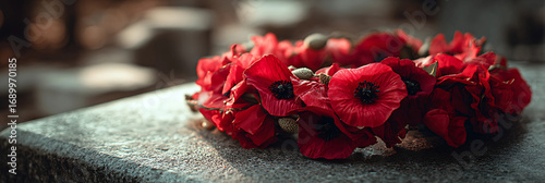Vibrant red poppies clustered on a textured surface symbolizing remembrance and beauty