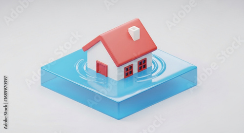 Flood insurance concept showing house in water representing property damage and homeowner financial risk cover