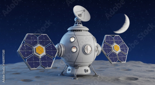 Explore lunar base station with solar panels and satellite dish for space exploration and moon colonization mission