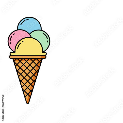 A colorful ice cream cone with four scoops in pastel colors.